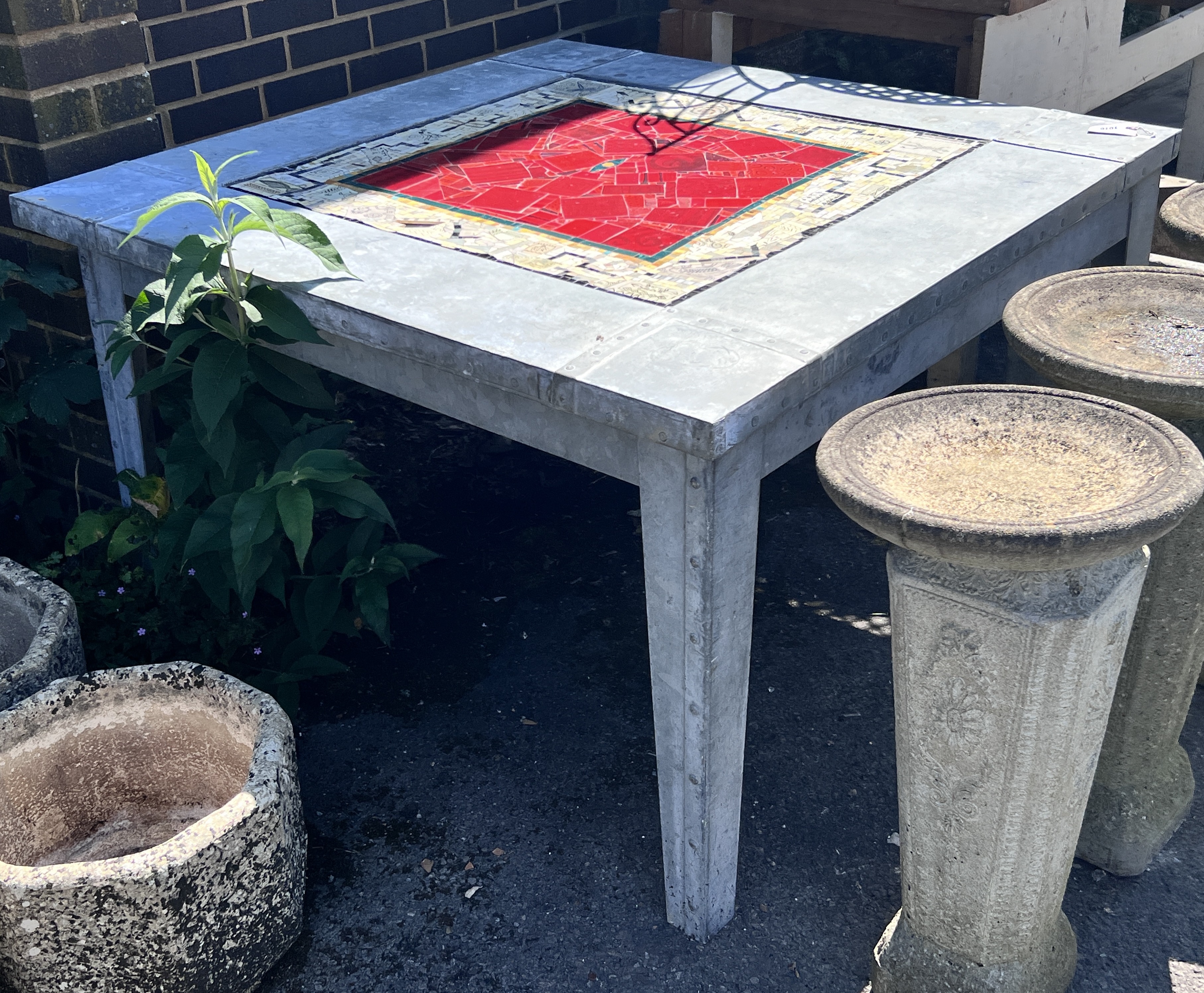 A square mosaic topped zinc garden table, width 122cm, height 77cm